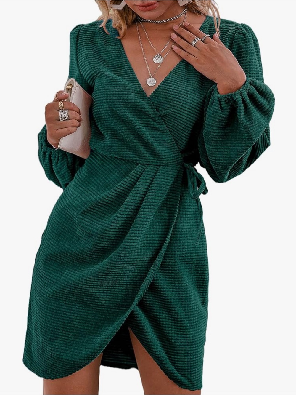 Green Corduroy Wrap Surplice Dress Long Puff Sleeves Tie Waist Mini Dress S